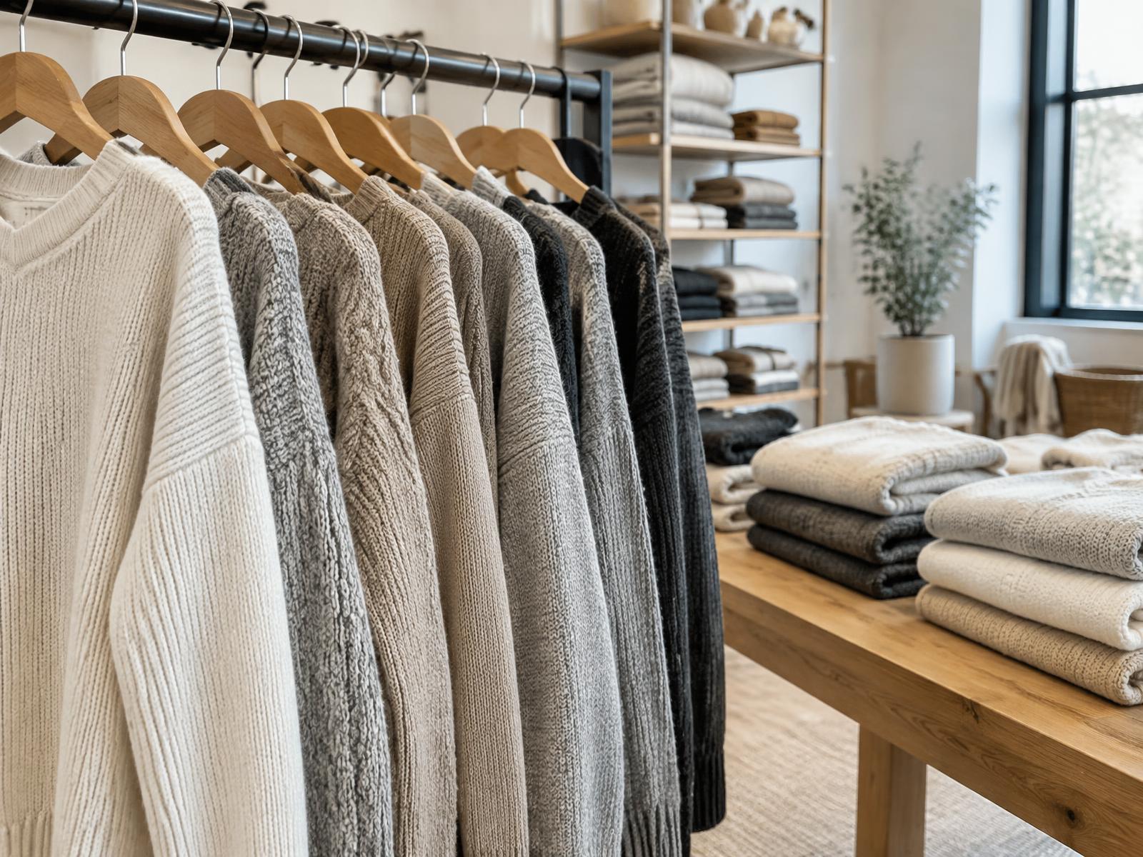 Strickwaren in neutralen Farben auf Holzbügeln
