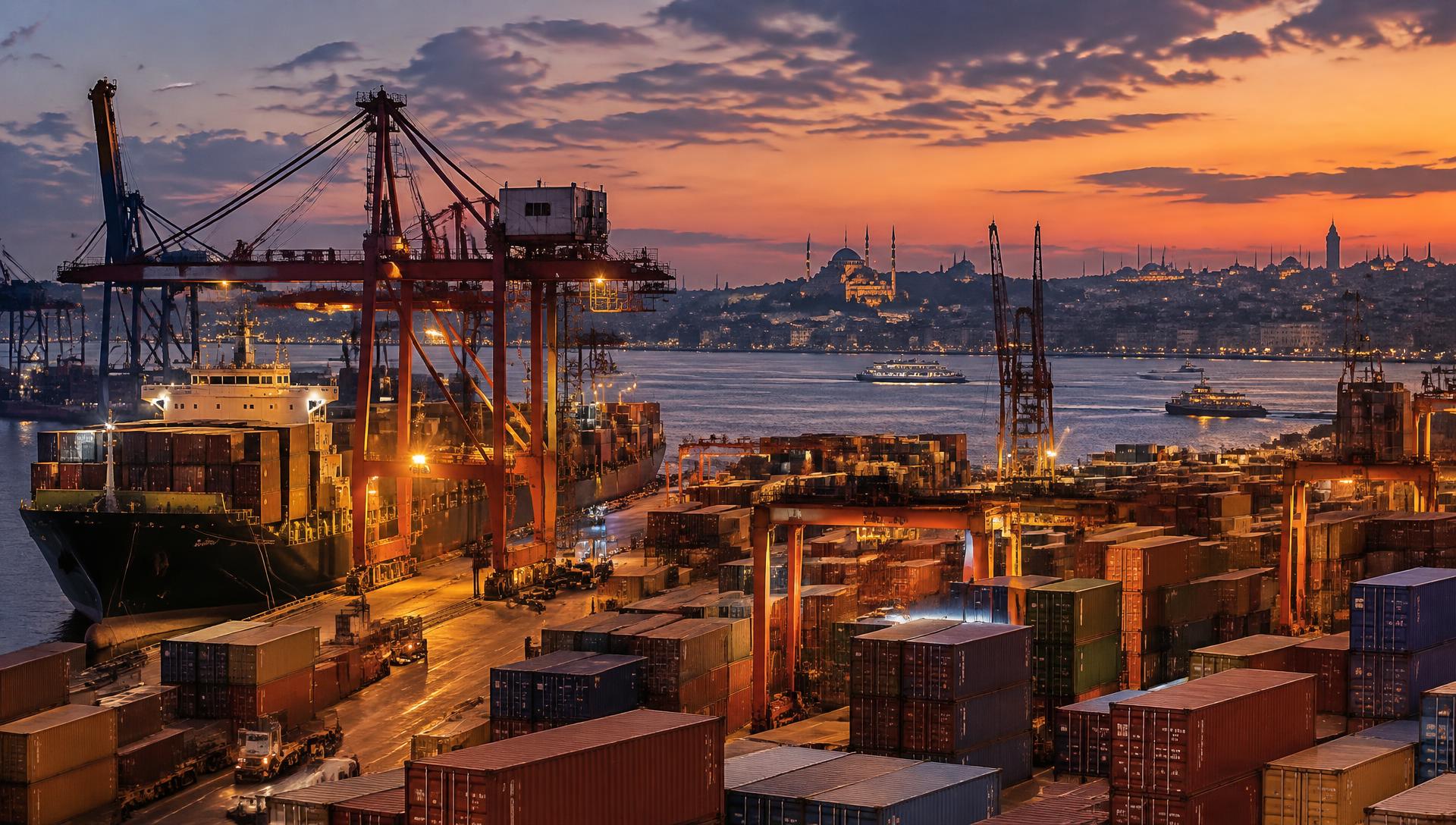 Containerhafen in der Abenddämmerung mit Kränen und Schiffen