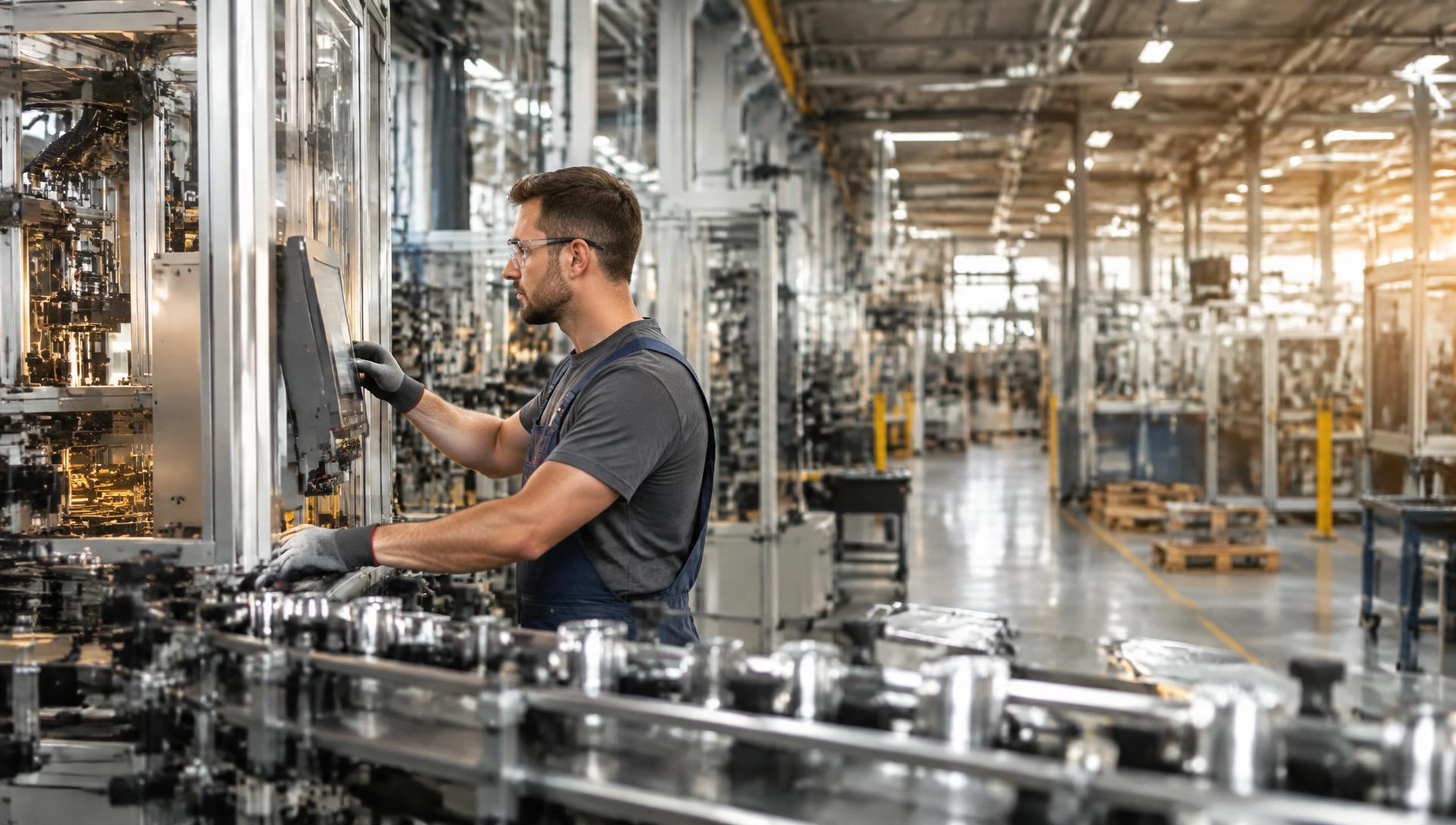 Techniker bedient eine Maschine in einer Produktionshalle