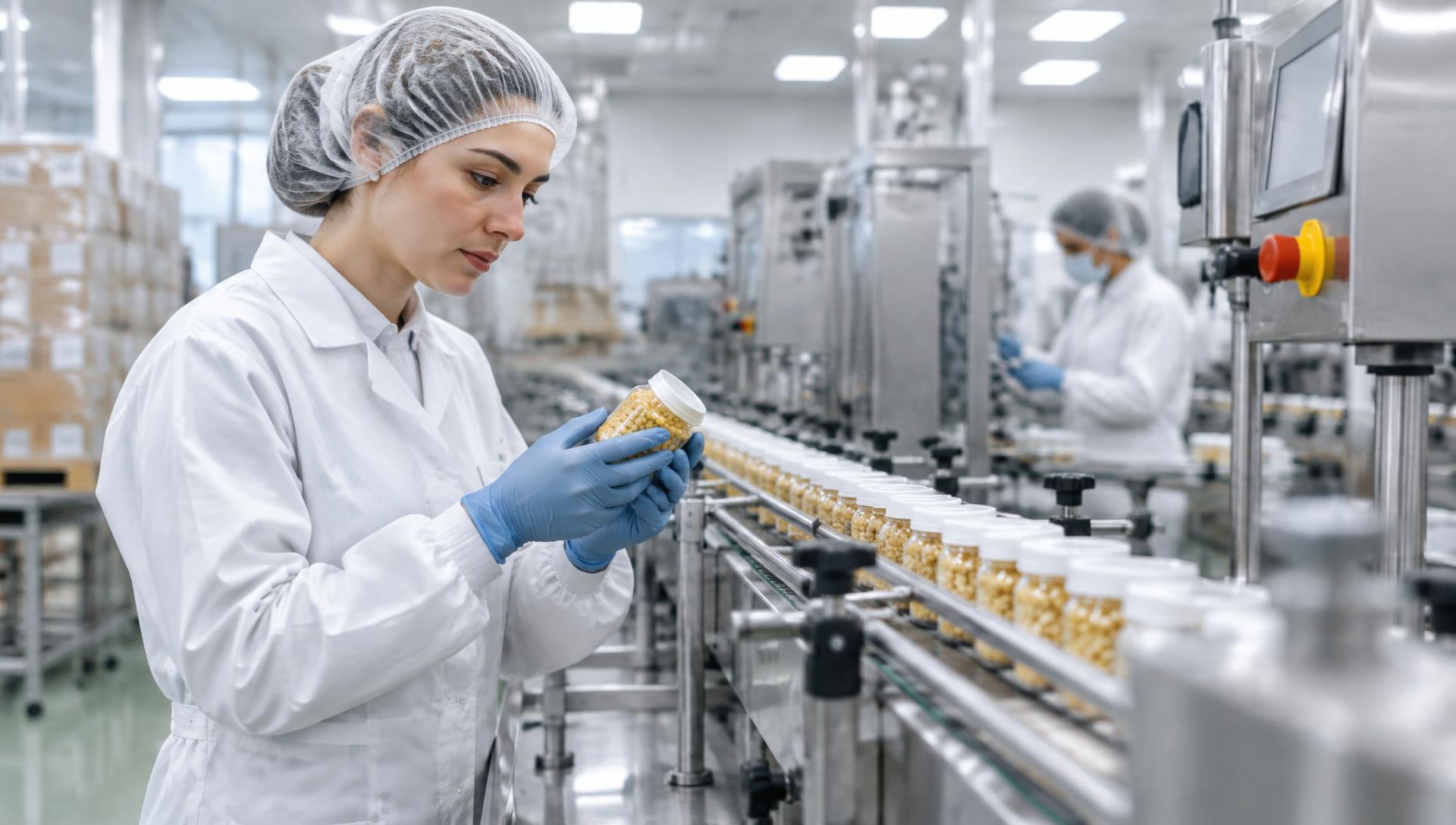 Mitarbeiterin in Schutzkleidung an einer Produktionslinie